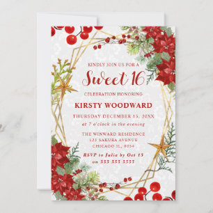 Red Poinsettia & Berry Winter Floral Sweet 16 Invitation