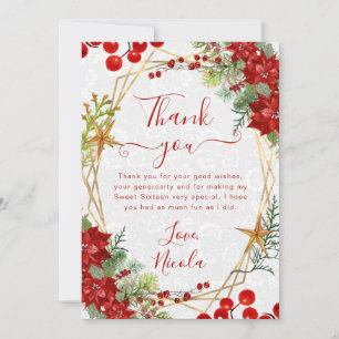 Red Poinsettia & Berry Winter Floral Sweet 16 Thank You Card