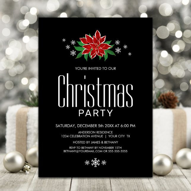 Red Poinsettia Black Minimalist Christmas Party Invitation (Creator Uploaded)