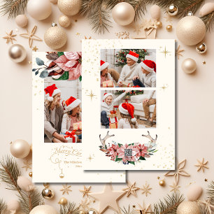 Red Poinsettia Botanical Merry Christmas Photo  Holiday Card