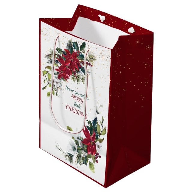 Red Poinsettia Bouquet Gold Glitter Christmas Medium Gift Bag (Front Angled)