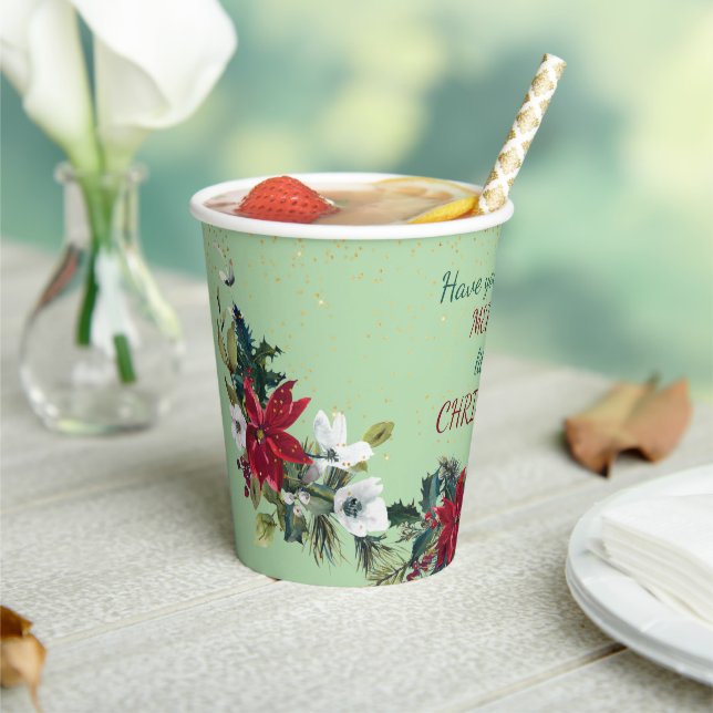 Red Poinsettia Bouquet Gold Glitter Christmas  Paper Cups (Insitu)