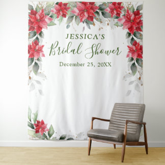 Red Poinsettia Bridal Shower Photo Booth Backdrop Tapestry