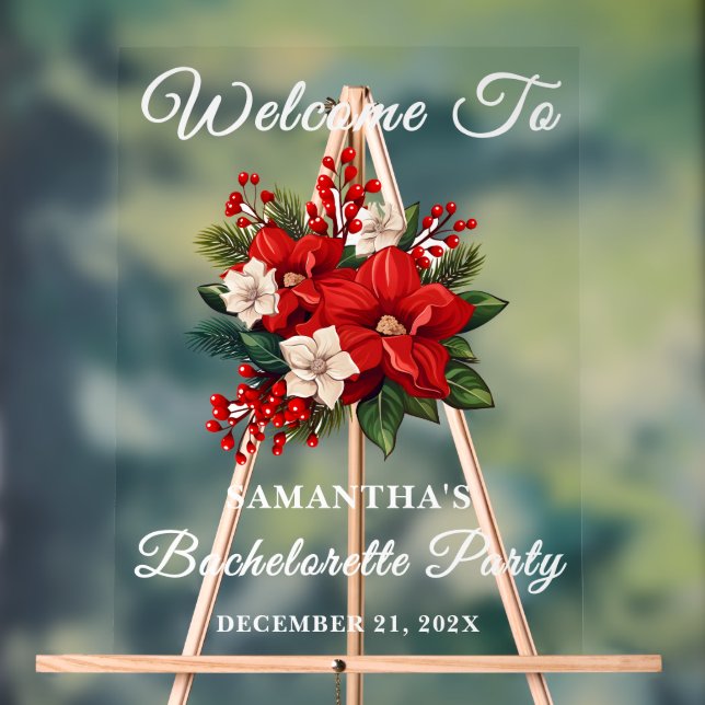 Red Poinsettia Christmas Bachelorette Welcome Acrylic Sign (Neutral)