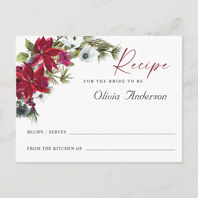 Red Poinsettia Christmas Bridal Shower Recipe Card (Front)