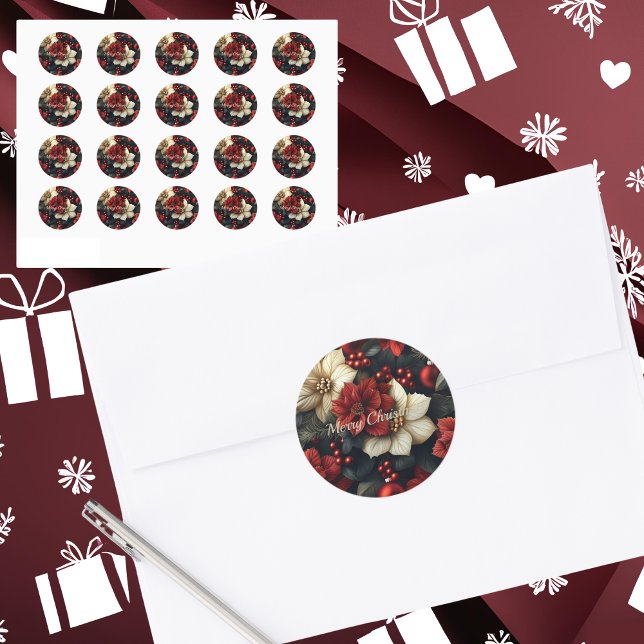 Red Poinsettia Christmas  Classic Round Sticker (Send out your Christmas mail with beauty and style!)