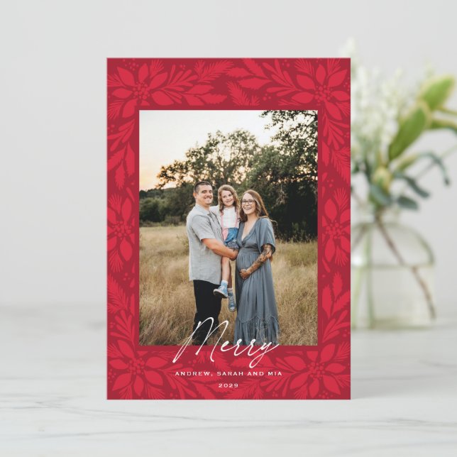 Red Poinsettia Christmas Design Holiday Card (Standing Front)