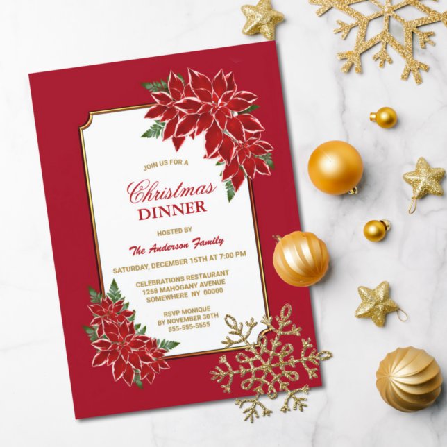 Red Poinsettia Christmas Dinner Invitation (Creator Uploaded)