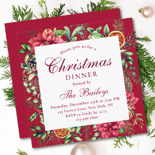 Red Poinsettia Christmas Dinner Invitation