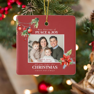 Red Poinsettia Christmas Family Photo Ceramic Ornament