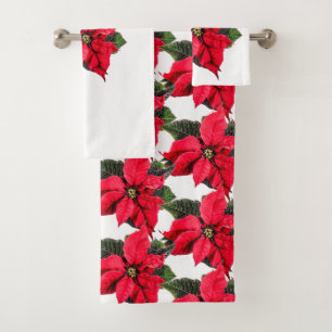 Red Poinsettia Christmas Floral Bath Towel Set