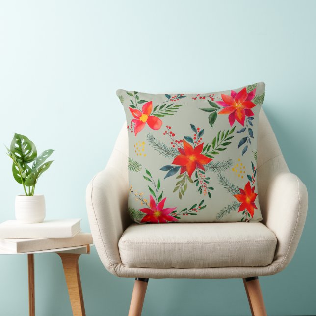  Red Poinsettia Christmas Floral Cushion (Chair)