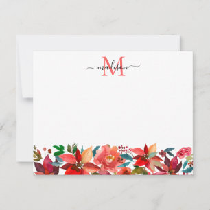 Red Poinsettia Christmas Floral Monogram Holiday Card