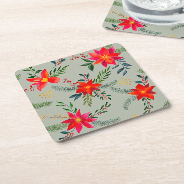 Red Poinsettia Christmas Floral Square Paper Coaster (Angled)