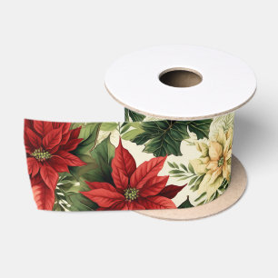 Red Poinsettia Christmas Floral Watercolor Satin Ribbon
