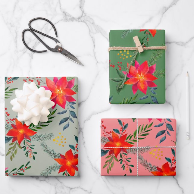  Red Poinsettia Christmas Floral Wrapping Paper Sheet (Front)