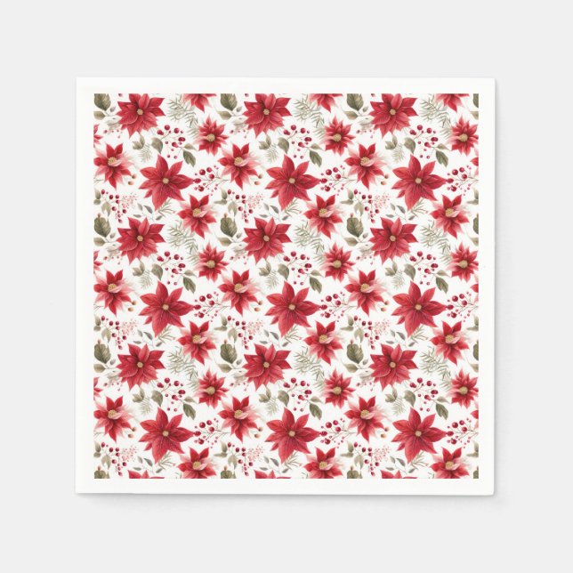 Red poinsettia Christmas Flowers Berries Holiday Napkin (Front)