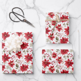 Red Poinsettia Christmas Flowers Floral Red Berry Wrapping Paper Sheet
