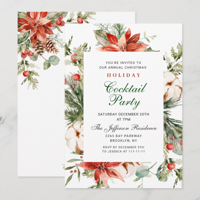 Red Poinsettia Christmas Holiday Cocktail Party Invitation (Front/Back)