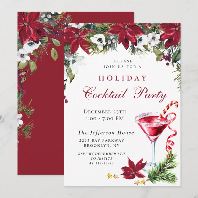 Red Poinsettia Christmas Holiday Cocktail Party Invitation (Front/Back)