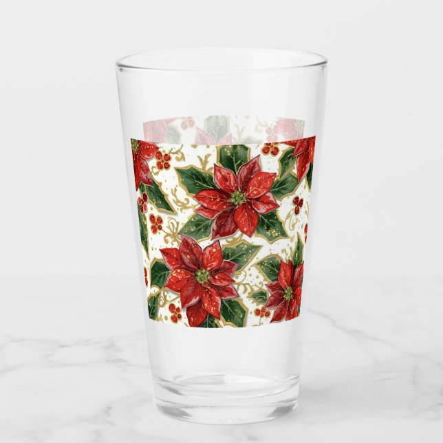 Red Poinsettia Christmas Holiday Glass (Front)