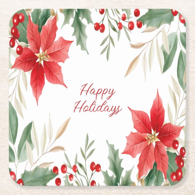 Red Poinsettia Christmas Holiday Paper Coaster (Front)