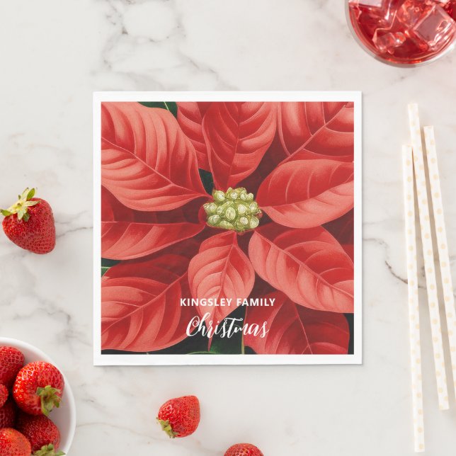 Red Poinsettia Christmas Holiday Personalised Napkin (Insitu)