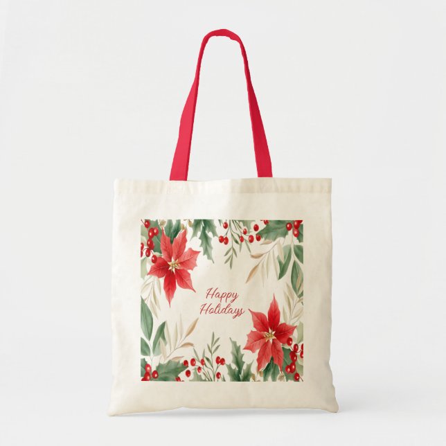 Red Poinsettia Christmas Holiday Tote Bag (Front)