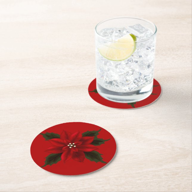 Red Poinsettia Christmas Party Round Paper Coaster (Insitu)