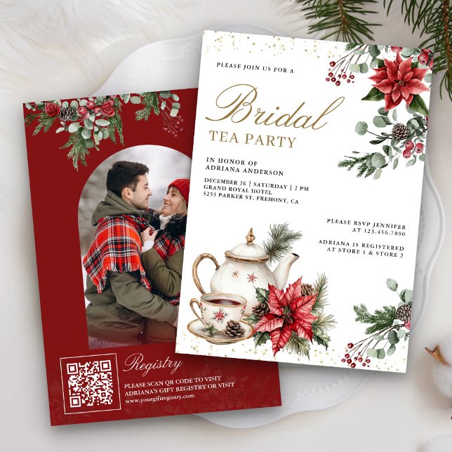 Red Poinsettia Christmas Tea Party Bridal Shower Invitation (Creator Uploaded)