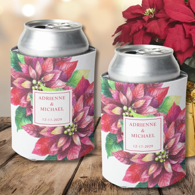 Red Poinsettia Christmas Wedding  Can Cooler (Creator Uploaded)