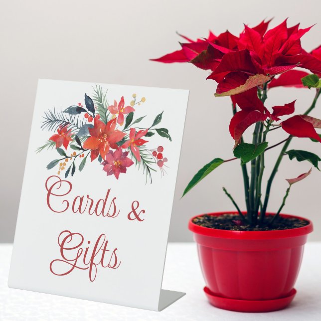 Red Poinsettia Christmas Wedding Cards & Gifts Pedestal Sign (Creator Uploaded)