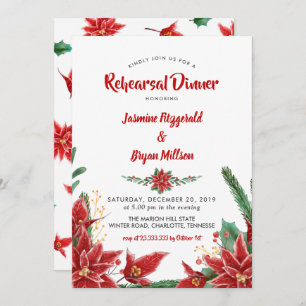 Red Poinsettia Christmas Wedding Rehearsal Dinner Invitation