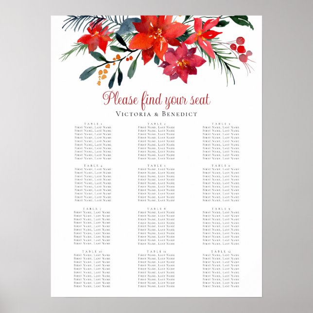 Red Poinsettia Christmas Wedding Seating Chart (Front)