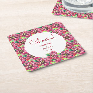 Red Poinsettia Christmas Wedding Square Paper Coaster