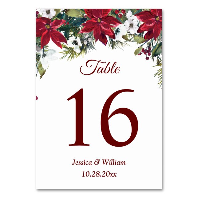 Red Poinsettia Christmas  Wedding Table Number (Front)