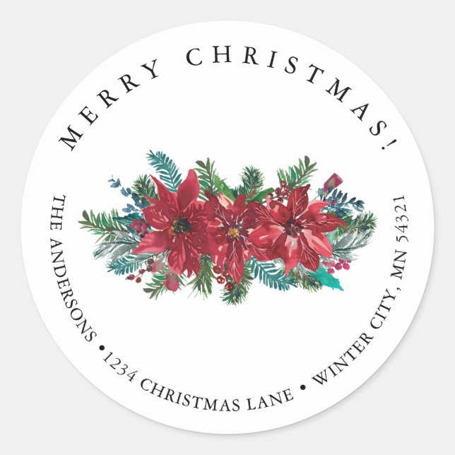 Red Poinsettia Classic Merry Christmas Address Round Sticker (Front)