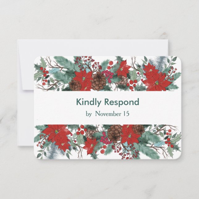 Red Poinsettia Dinner Choice Wedding RSVP Card (Front)