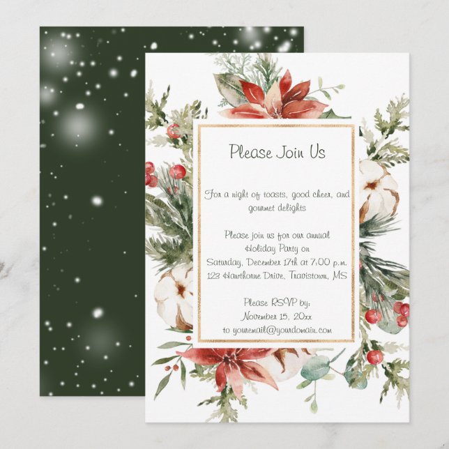Red Poinsettia Evergreen Snow Christmas Party Invitation (Front/Back)