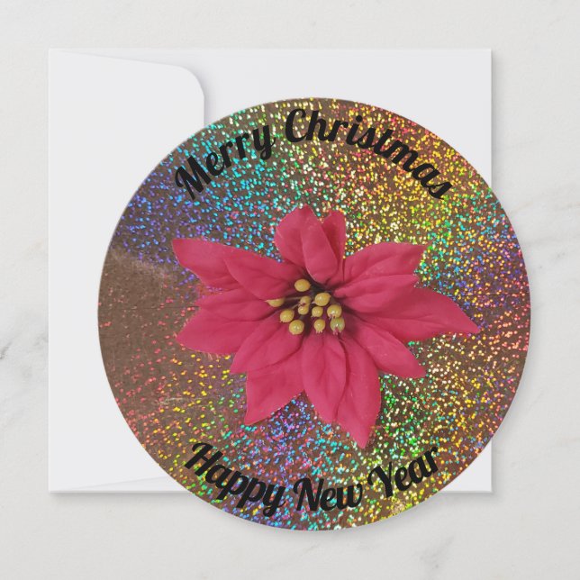 Red Poinsettia Faux Glitter Christmas Cards (Front)