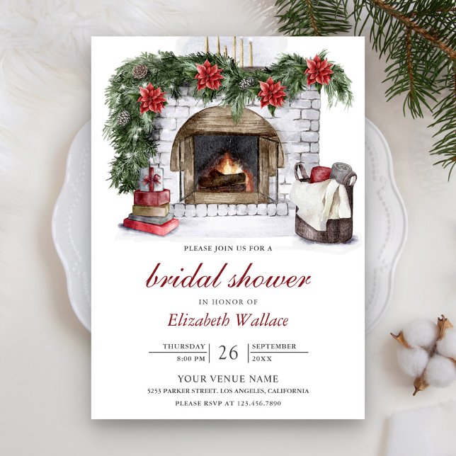 Red Poinsettia Fireplace Christmas Bridal Shower Invitation (Creator Uploaded)