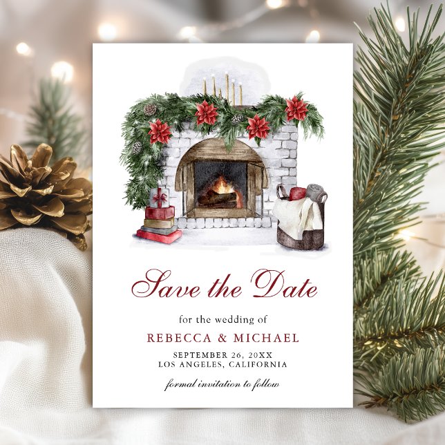 Red Poinsettia Fireplace Christmas Wedding Save The Date (Creator Uploaded)