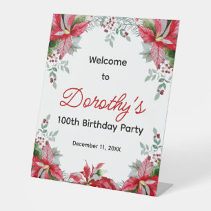Red Poinsettia Floral 100th Birthday Welcome Pedestal Sign