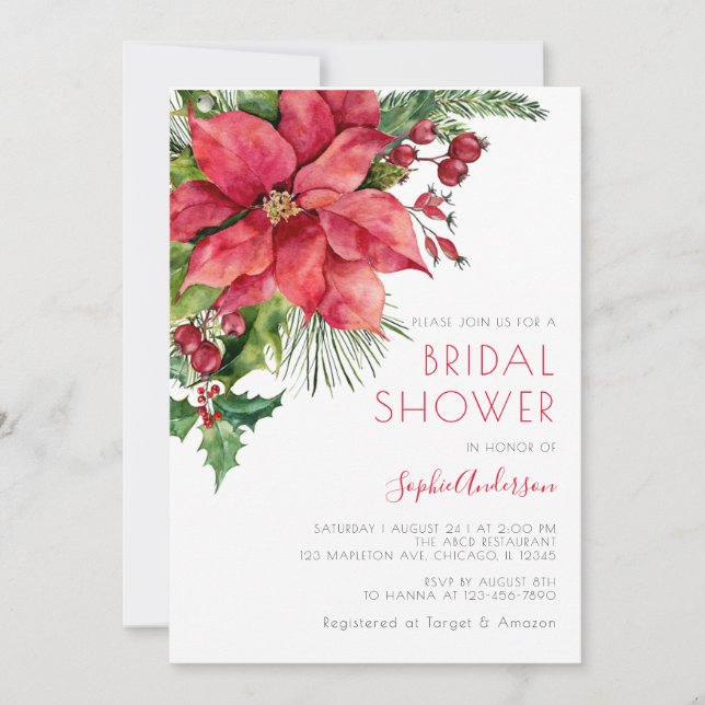 Red Poinsettia Floral Christmas Bridal Shower Invitation (Front)