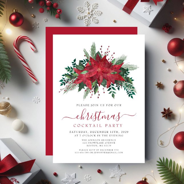 Red Poinsettia Floral Christmas Cocktail Party Invitation (Red Poinsettia Floral Christmas Cocktail Party Invitation)