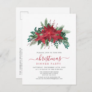 Red Poinsettia Floral Christmas Dinner Party Invitation Postcard