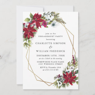 Red Poinsettia Floral Christmas  Engagement Party Invitation