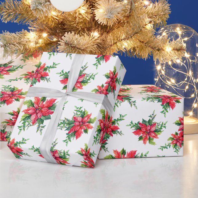 Red Poinsettia Floral Christmas Holiday Gift Wrapping Paper (Holidays)