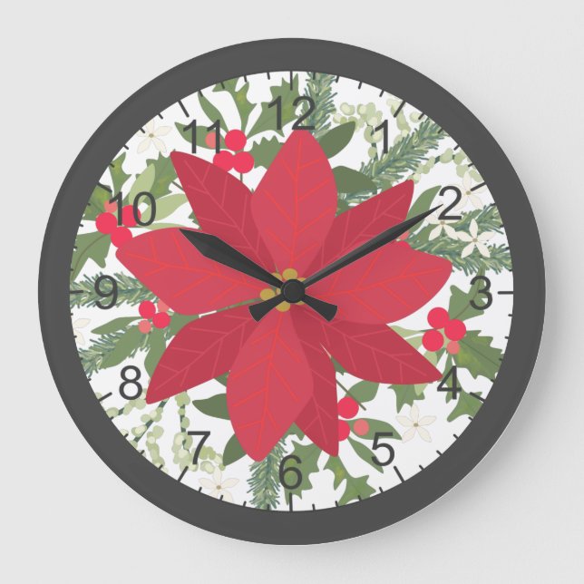 Red Poinsettia Floral Christmas Large Clock (Front)