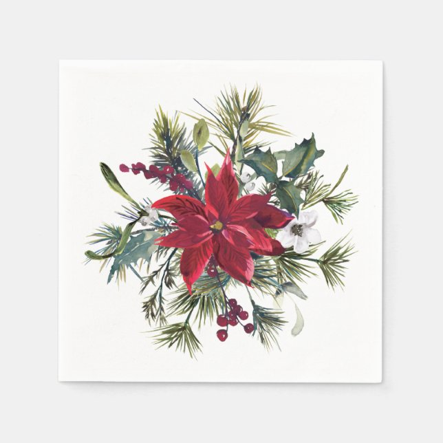 Red Poinsettia Floral Christmas PARTY Paper Napkin (Front)